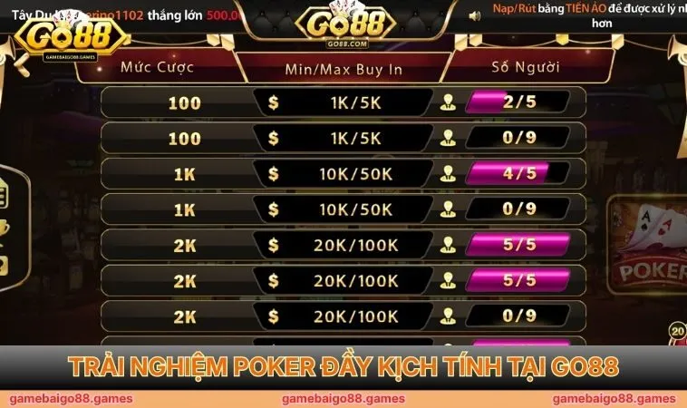 Trải nghiệm Poker đầy kịch tính tại GO88